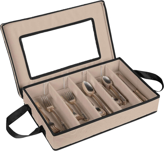 Flatware Storage Case - Durable 5 Compartment Silverware Storage Container Box with Removable Lid and Easy to Carry Handles - Large Capacity Keeps Your Cutlery Organized & Protected - Brown
