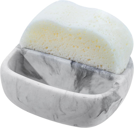 MyGift Modern White Resin Sponge Holder for Kitchen Sink, Countertop Dish Sponge Holder with 2 Compartments and Marble Pattern