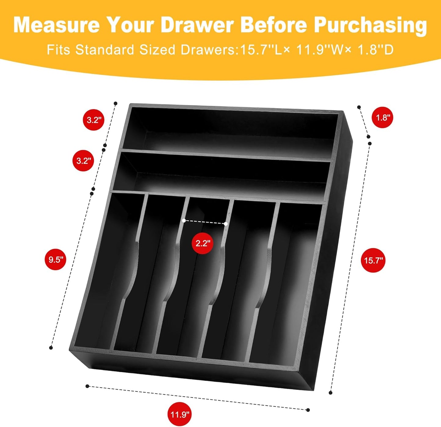 Kitchen Bamboo Silverware Organizer, Kitchen Drawer Organizer - Utensil Holder and Cutlery Tray with Grooved Drawer Dividers for Flatware 7 Slot, Black