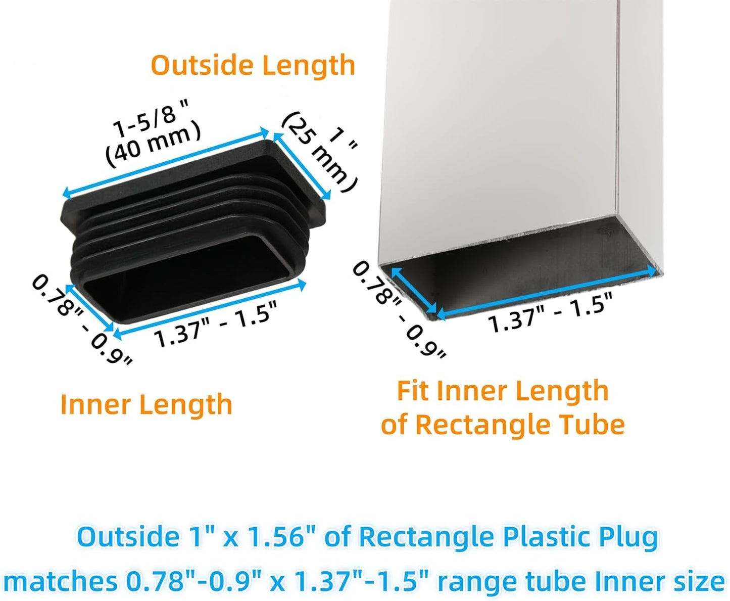 Furnigear Plastic Plugs Tubing End Cap Chair End Caps Outside Bottom Tubing Caps Rectangle Furniture Sliders Glides Black (24, Fit 1.37-1.5 x 0.78-0.9" Rectangle Tube Inner Size)