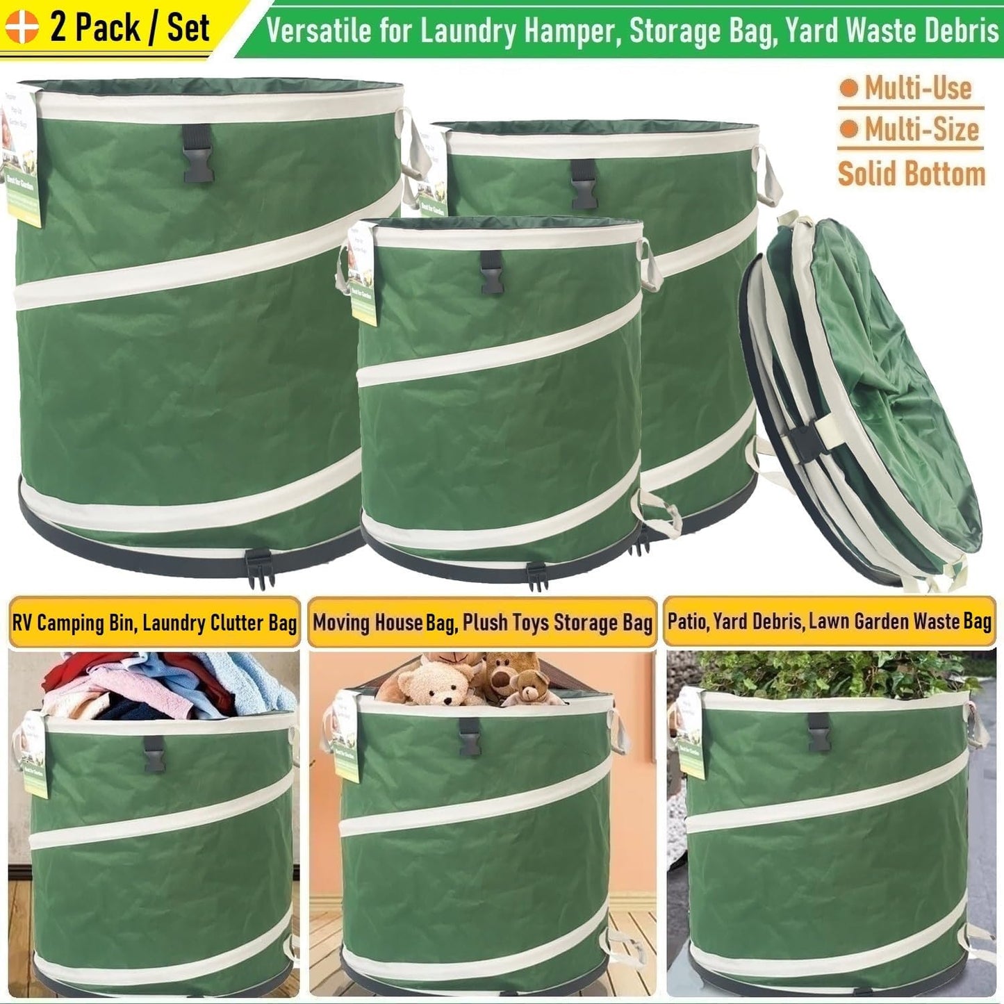 2-Pack 24 Gallon Collapsible Trash Can (19x21 in) Solid Bottom for Pop-Up Trash Can,Recycling Bin,Camping Waste Bin,Laundry Hamper,Yard Waste Bag,Yard Debris Bag,Lawn Grass,Garden Weeds Bags,Leaf Bags