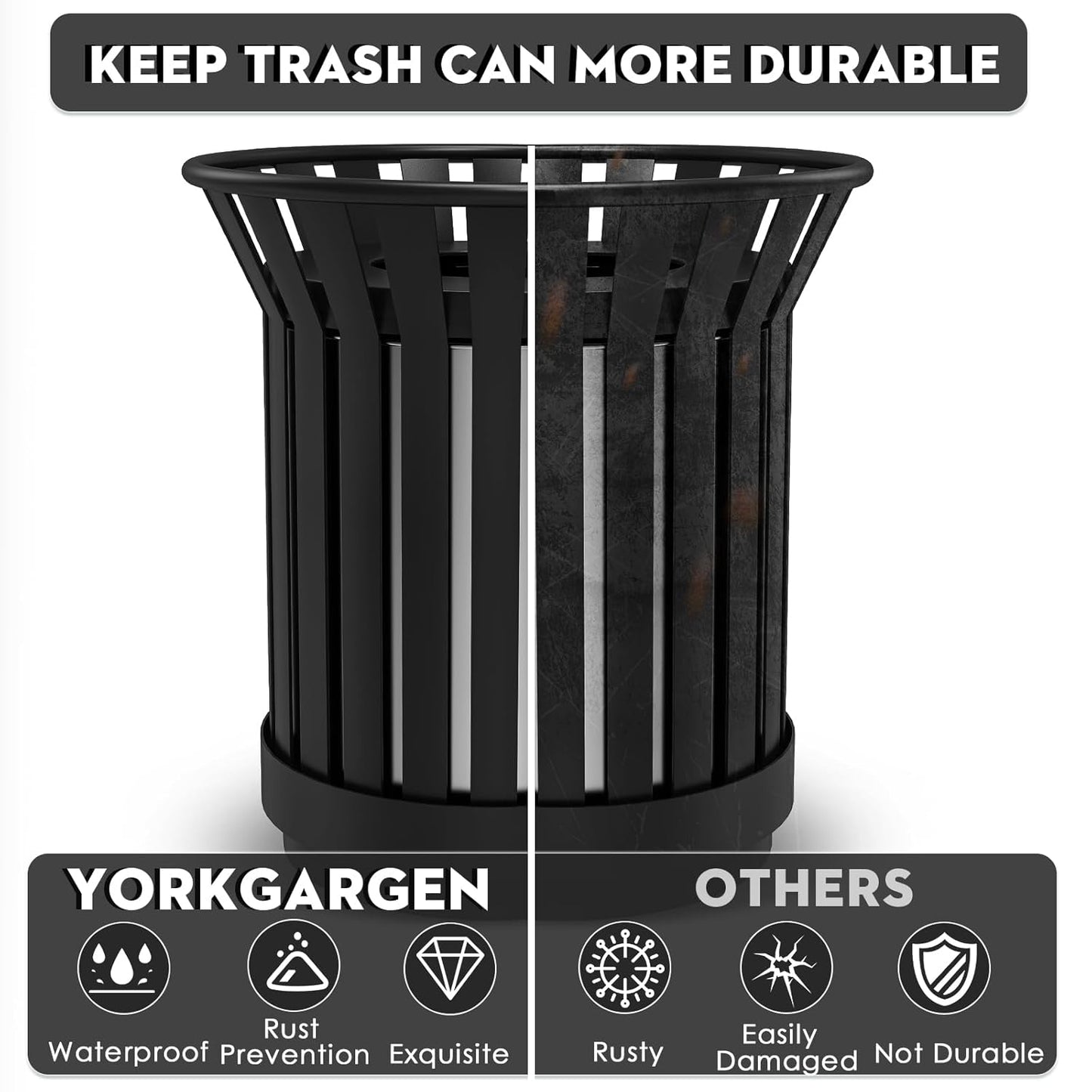 16Gallon/62L Commercial Outdoor & Indoor Metal Trash Can, Outdoor Slatted Trash Receptacle with Metal Linner, All Weather Resistant Large Outside Zone Round Garbage Bin for Street, Park, School-Black