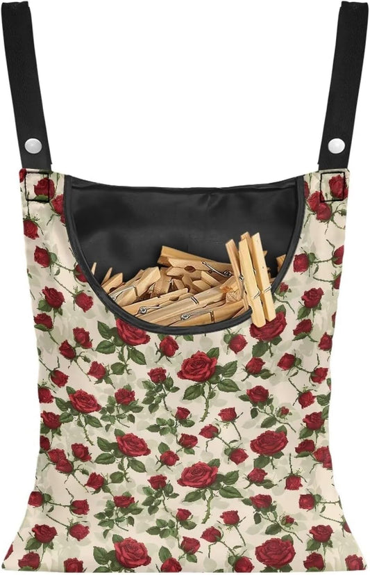 Rose Clothespin Bag Fashion Hanging Storage Organizer Clothes Pin Bag Waterproof Laundry Clothespin Bag Clothespin Holder with Hanger Hook for Easy Hang and Large Opening