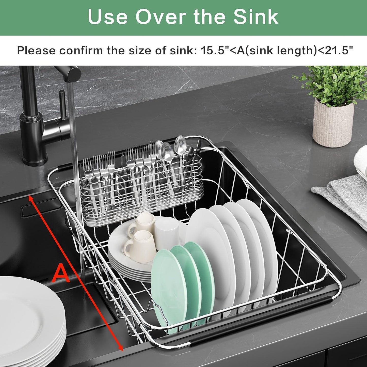 Large Dish Drainer Rack in Sink Adjustable, Expandable 304 Stainless Steel Metal Dish Drying Rack Organizer with Stainless Steel Utensil Holder Over Inside Sink Counter, Rustproof