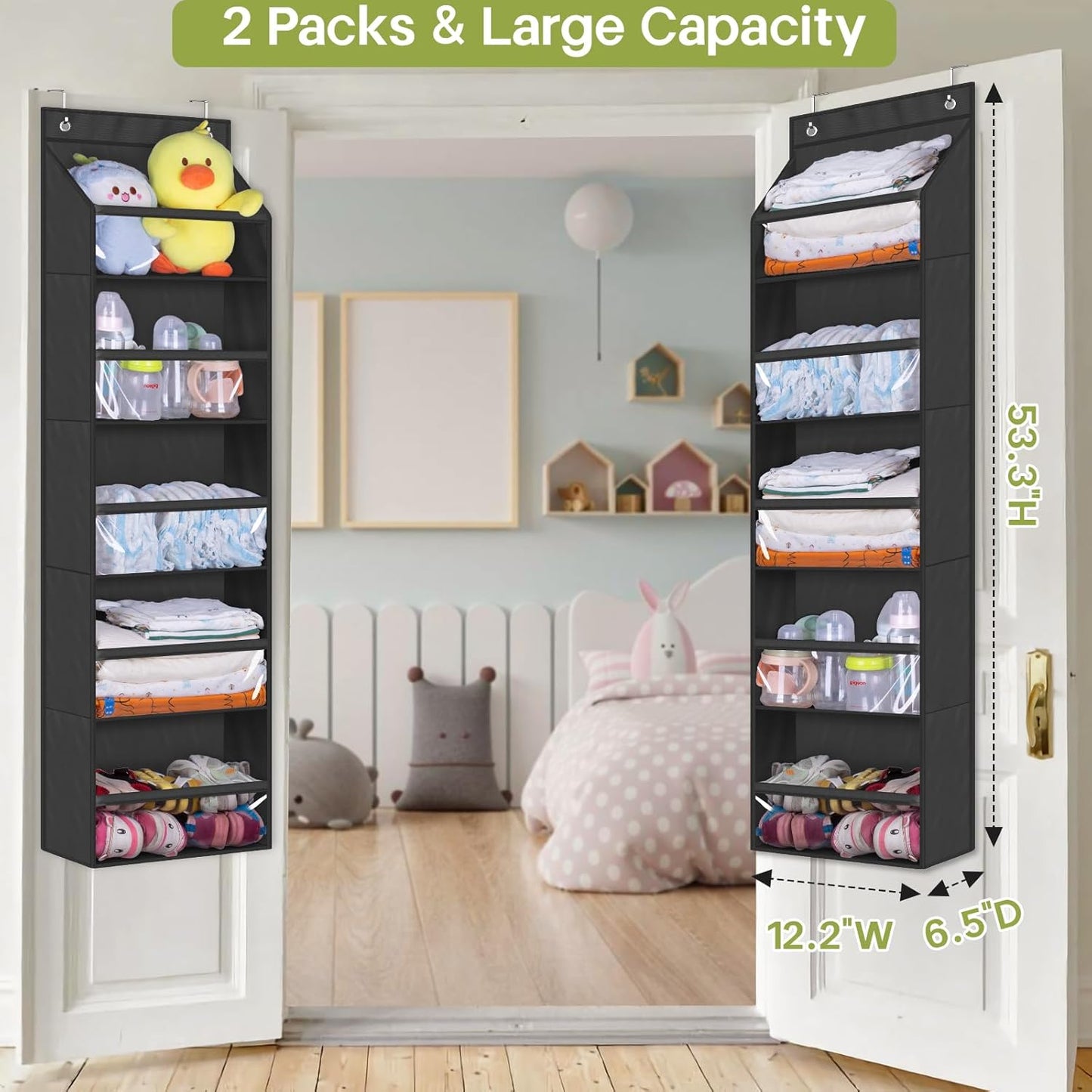 AOODA 2 Pack Over the Door Organizer, Large Capacity Closet Door Hanging Organizer, Clear Deep Pockets Baby Storage for Nursery, Bathroom, Bedroom, Pantry, Diapers (Black)