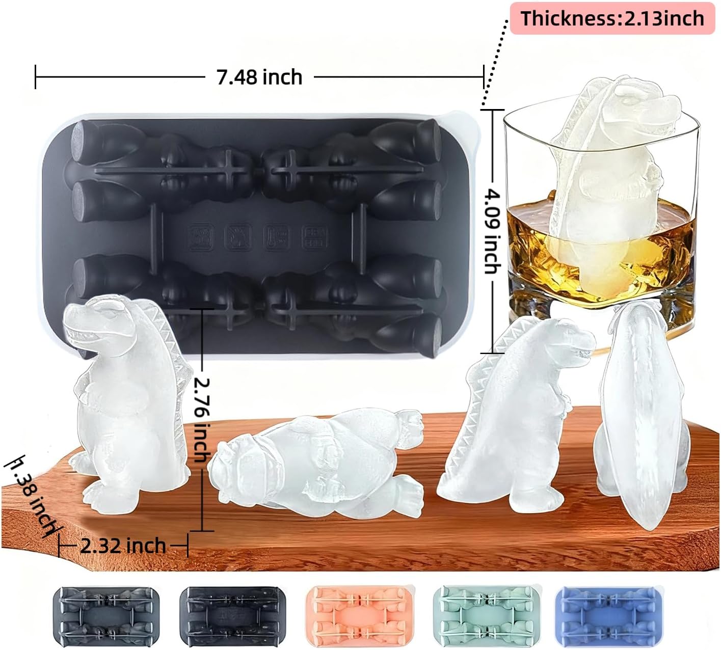 7.48inch Newly Upgraded 4-grid 3D Dinosaur Ice Tray and Covered Silicone Ice Tray, Suitable for Bars, Outdoor and Home Use(1, black)