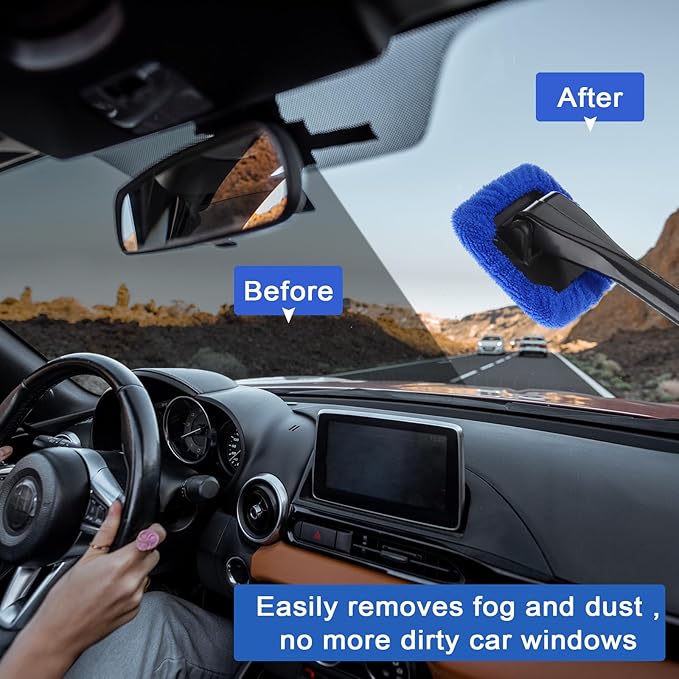 Frienda 2 Set Windshield Cleaner Tool Inside Car Windshield Cleaning Wand Auto Window Cleaner with Detachable Handle, 8 Reusable Microfiber Pads and 2 Spray Bottles for Car Interior(Blue)