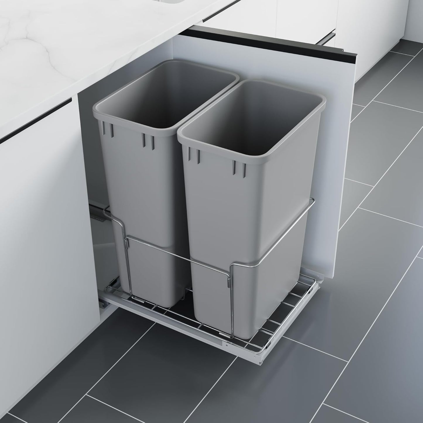 Dowell B18 Aluminum Base Wastebasket Pullout with Door Mount and Two 35Qt/9Gal Plastic Bins (4012 0218+35x2)