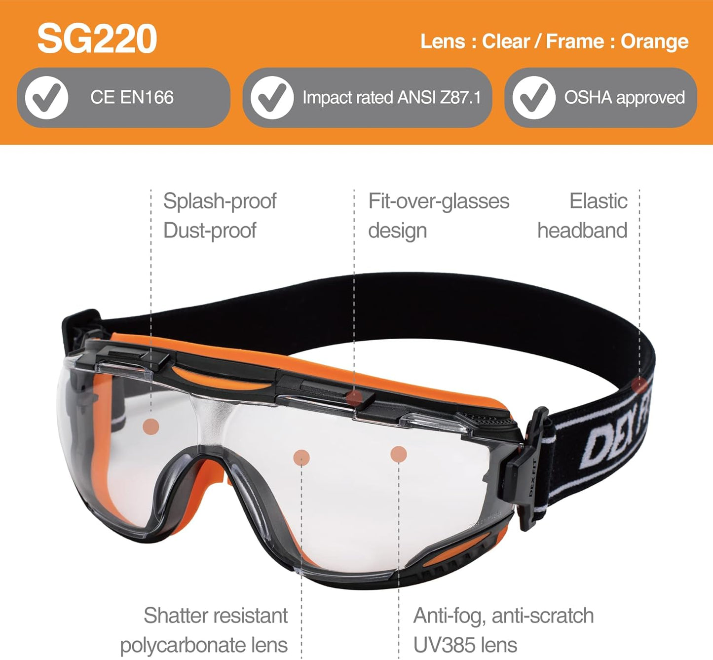 DEX FIT Protective Safety Goggles SG220; Anti Fog & Scratch, Z87 Eye Protection for Lab, Science, and Chemistry Work, Adjustable for Women and Men, (Black & Orange Frame, Clear Lens, 30cm Strap)