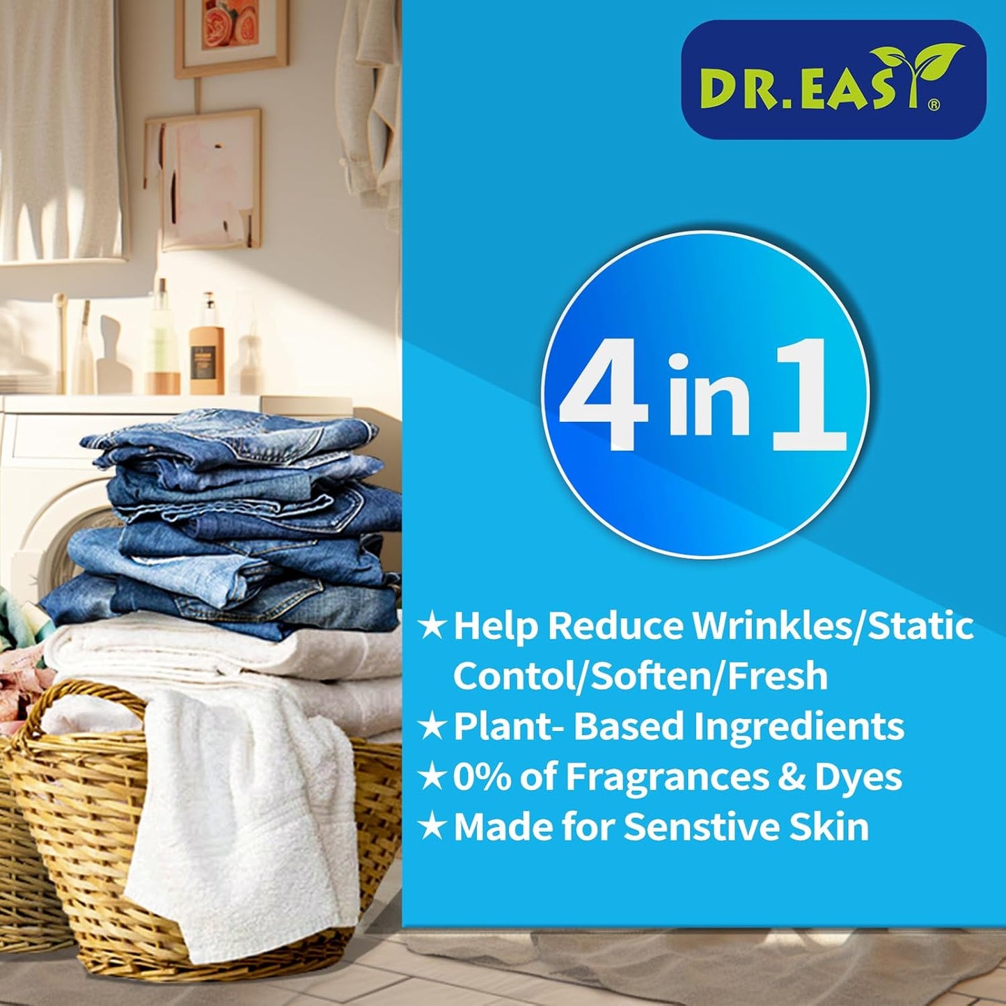 DR.EASY Dryer Sheets Plant Based Formula 252 Ct BLUE OCEAN,Softener sheets for Laundry Unscented No Dyes Reduce Static & Wrinkles Help Repel Pet Hair