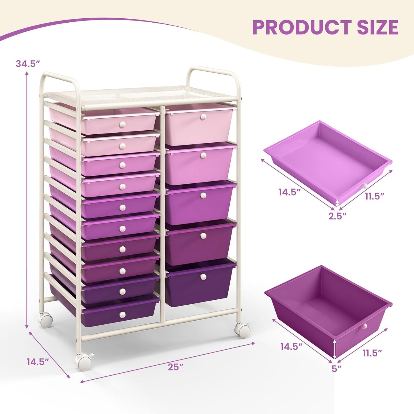 GOFLAME 15-Drawer Rolling Storage Cart, Multipurpose Movable Organizer Cart, Utility Cart for Home, Office, School, Purple Gradient
