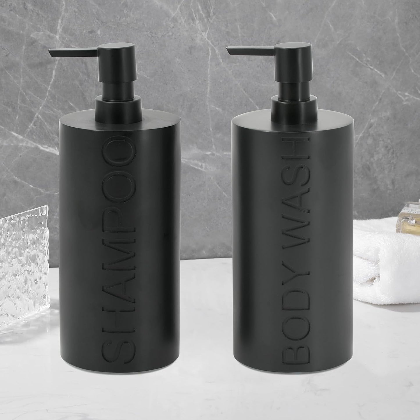 Matte Black Resin 2 Piece Shampoo and Body Wash Dispenser Set, Luxurious Refillable Pump Bottles with Matte Pump Top and Embossed Text, Durable Design for Bathroom and Shower