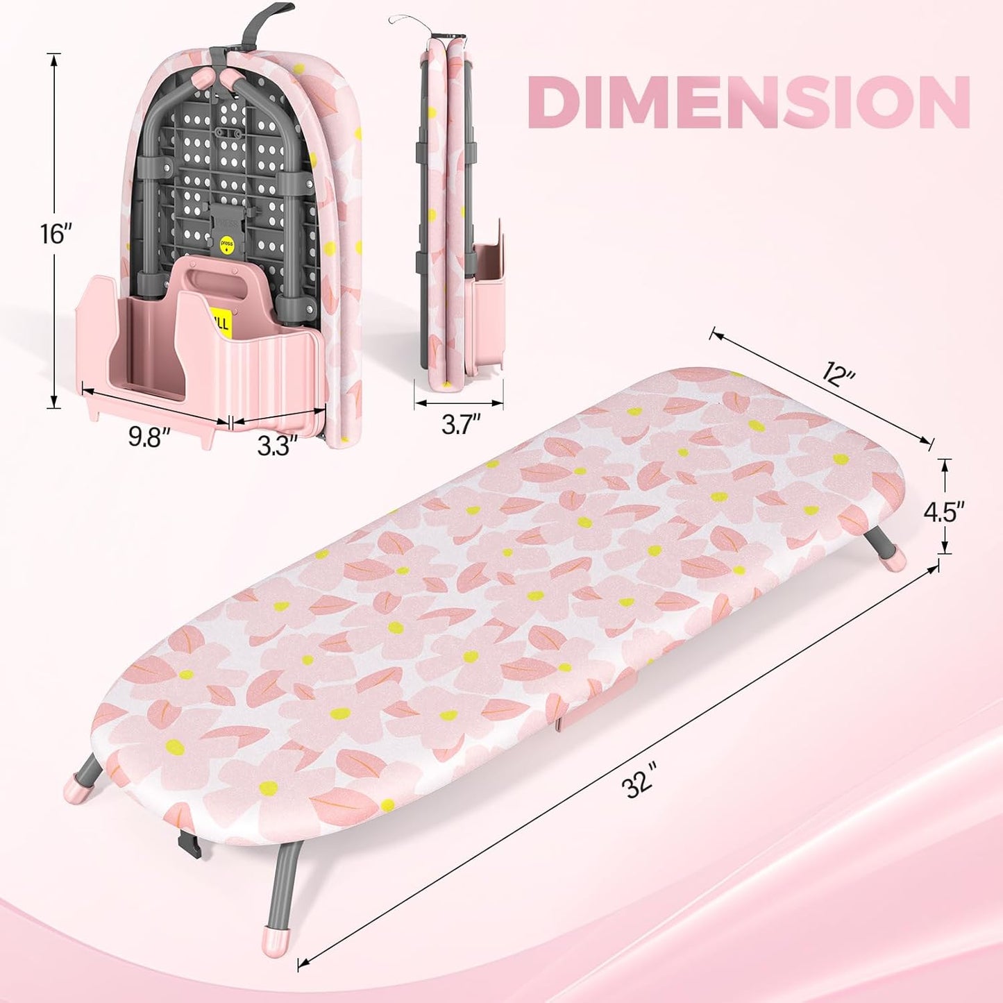 APEXCHASER Small Ironing Board with Iron Holder, Compact Iron Board with Non-Slip Feet, Portable Tabletop Ironing Board with Cotton Cover for Small Spaces and Travel, Pink