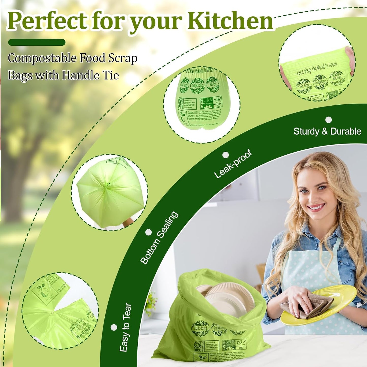 10-13 Gallon Compostable Trash Bags Handle-Tie, Heavy Duty Thick 0.87 Mil, 49.21 Liter, 30 Bags, Tall Kitchen Food Scrap Waste Bag, ASTM D6400, US BPI and OK Compost Home Certified