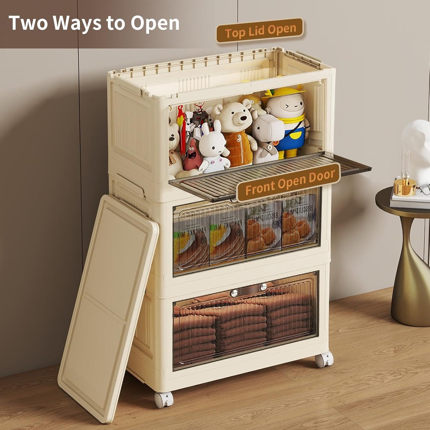 3 Tier - 48QT Storage Bins with Lids, Collapsible Storage Bins with Doors and Wheels, Plastic Storage Cabinet for Easy Storage and Organization for Living Room, Office