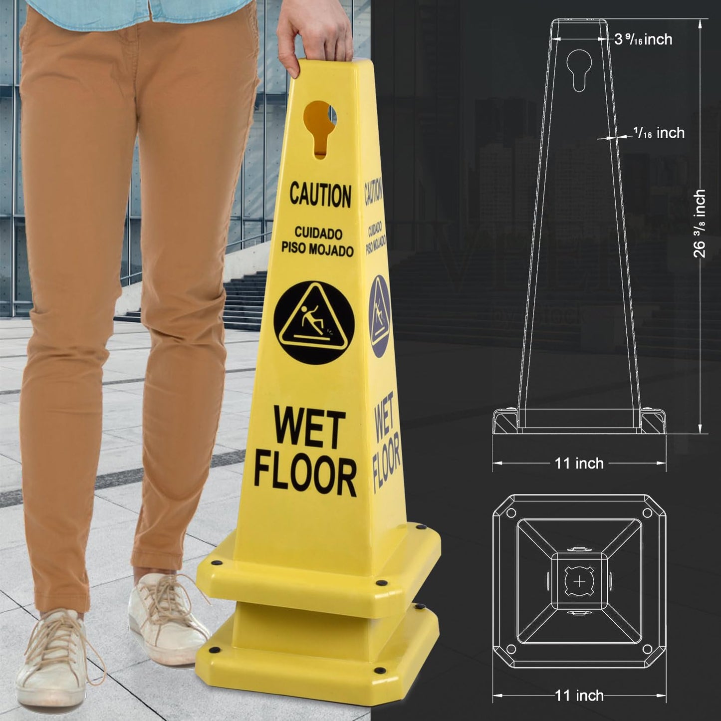 Plastic Traffic Cones, 4-Sided Message Cones, Road Safety Parking Cones, Standing Traffic Warning Signs for Cleaning Area, Garage, No Entry (8, Caution Wet Floor, Large)