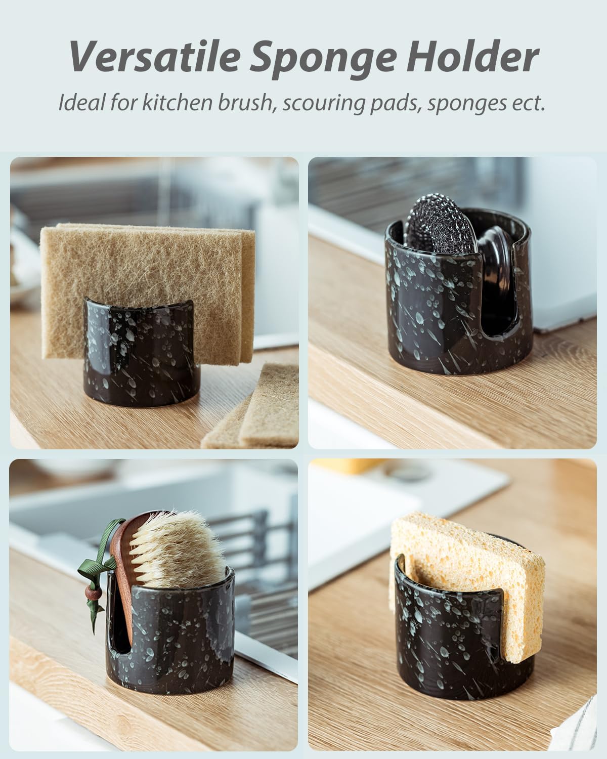 Sponge Holder for Kitchen, Ceramic Sink Caddy Scrub Sponge Rack Dish Rack Scrubbers Holder for Kitchen Sink, Bathroom, Black