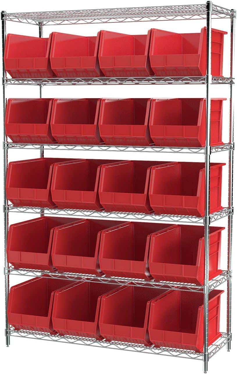 Akro-Mils 30260 AkroBins Plastic Storage Bins, Space-Saving Stackable Bins for Garage, Pantry, Craft Organization, 18" x 11" x 10", Red, 6-Pack