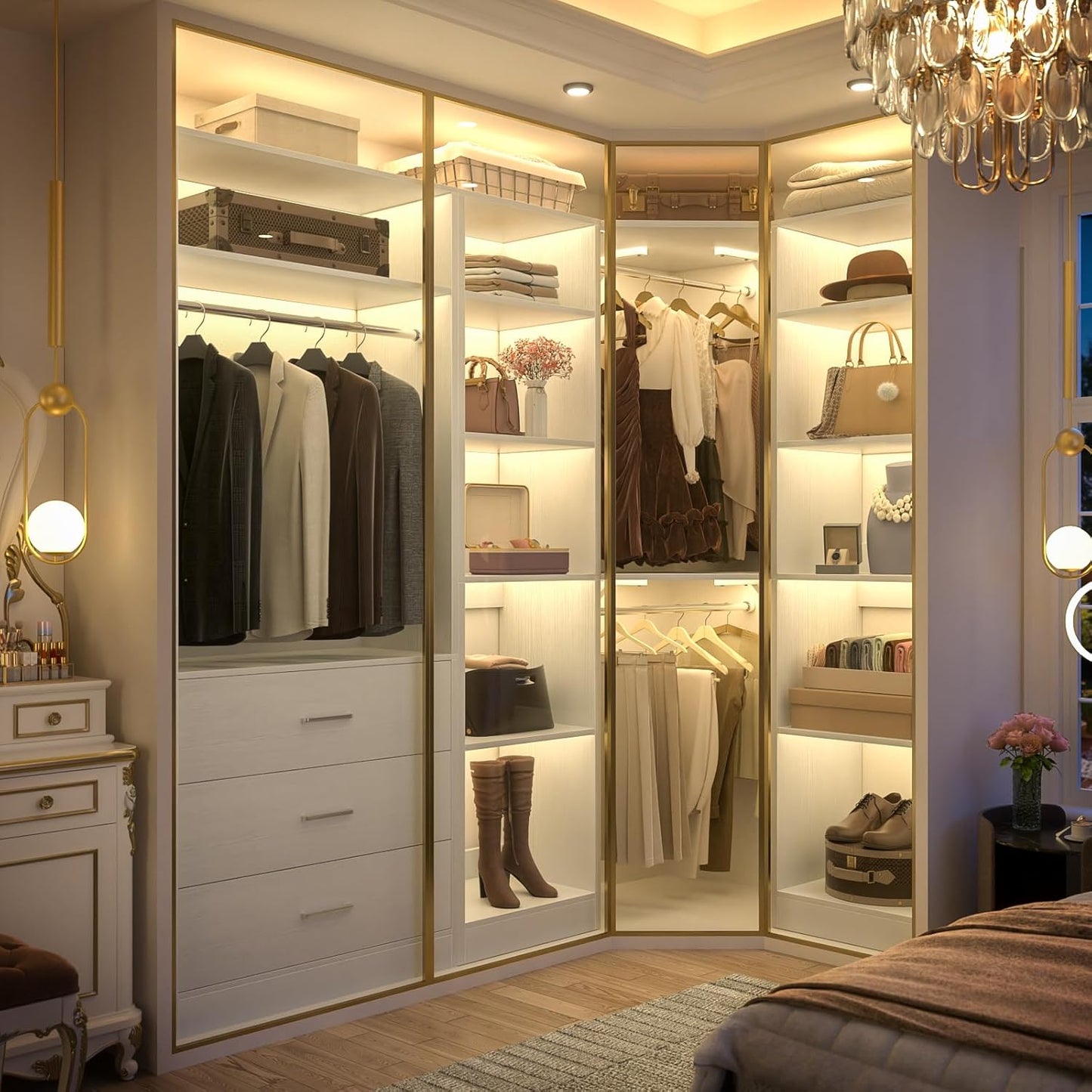 Corner Closet System with 3 Drawers, Corner Closet Organizer System with 13 Shelves & 3 Hanging Rods, 63.2"L * 39.2"W Reversible L Shaped Walk-in Closets, Load 2000+LBS, White