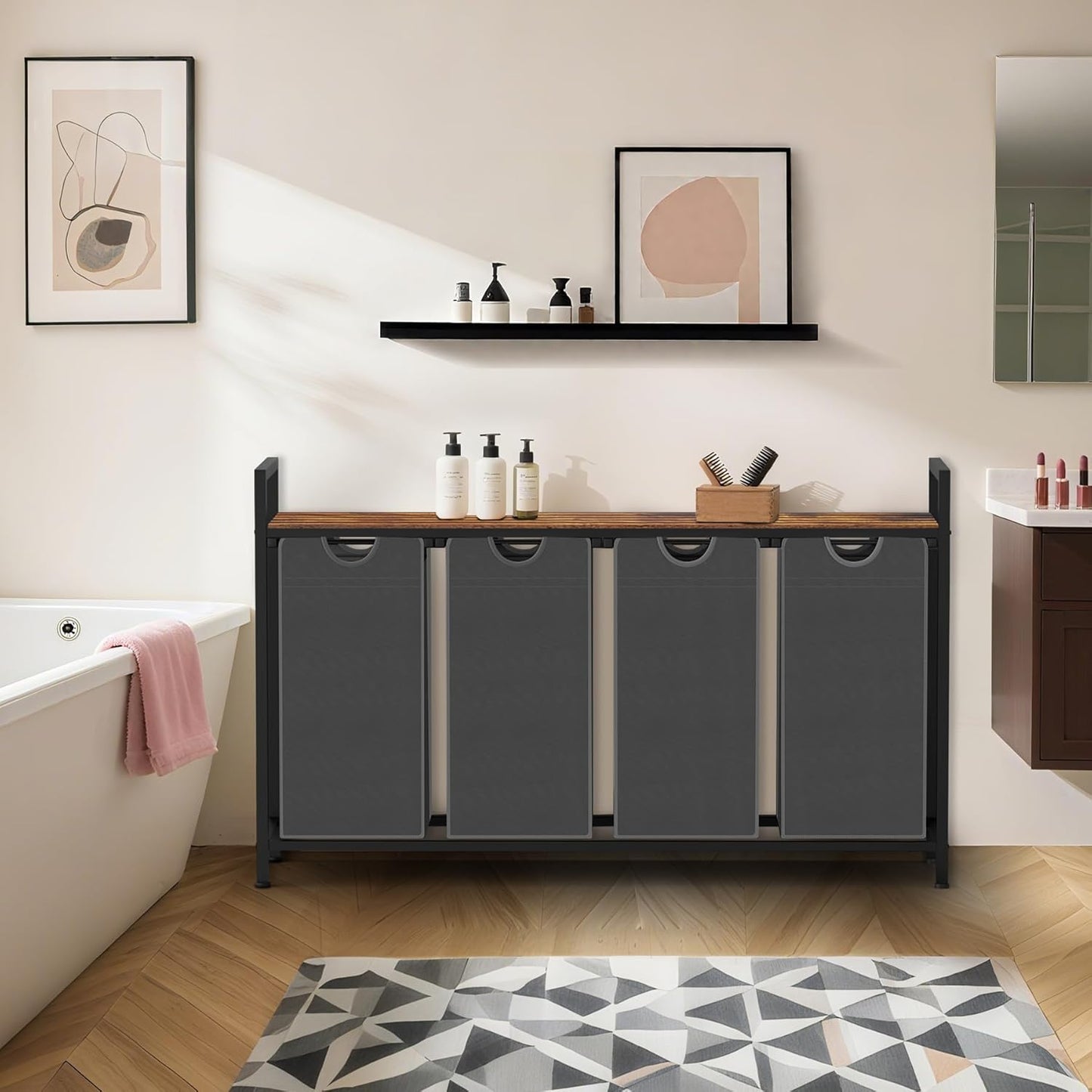 Laundry Hamper, Laundry Sorter with 4 Pull-Out Removable Oxford Fabric Bags Cloth Laundry Basket 4 x 10 Gallons (Grey and Rustic Brown)