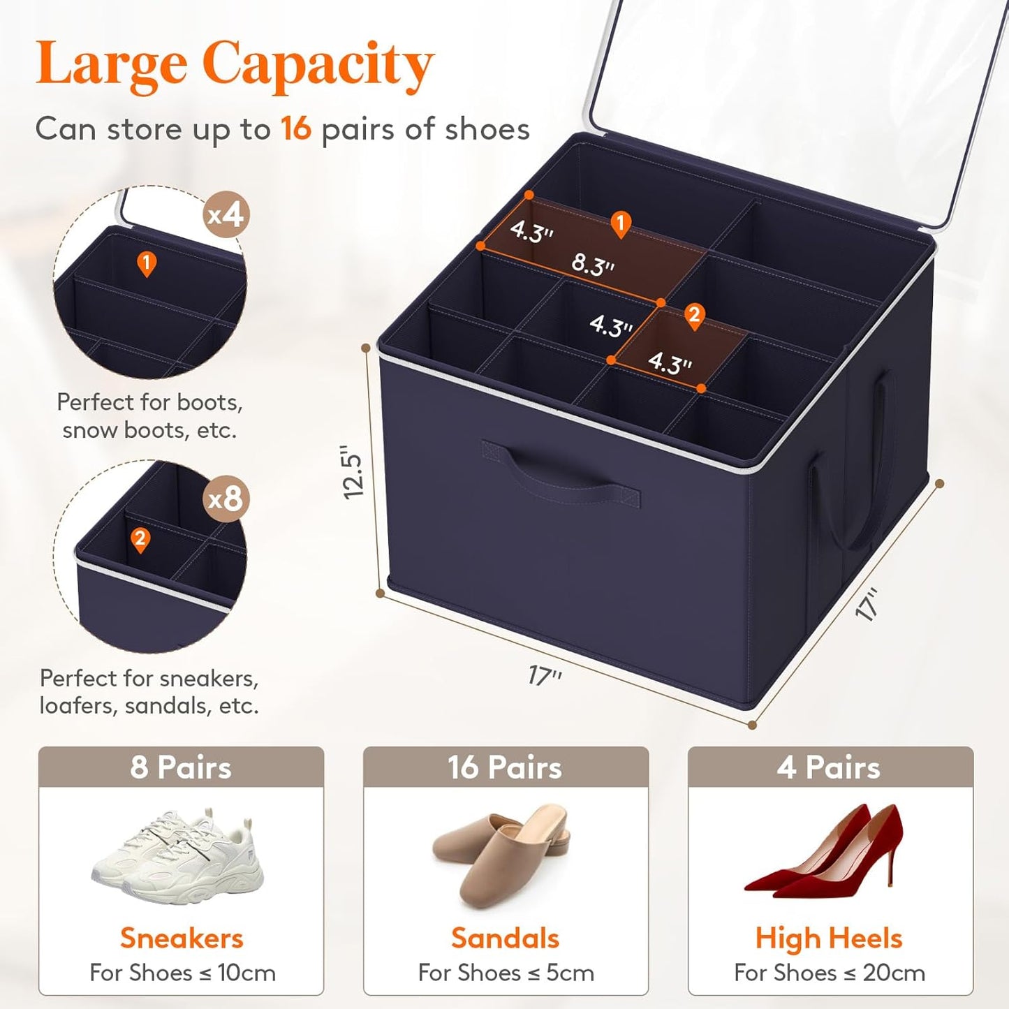 Lifewit Shoe Storage Organizer for Closet Fits 12-16 Pairs, Fabric Large Shoe Box Storage Containers with Clear Cover, Foldable Bins Fit for Boots Heels Sneakers 17"(L) x 17"(W) x 12.5"(H) 3 Pack Blue