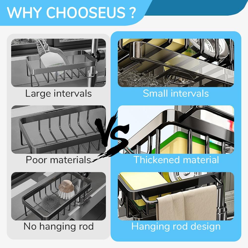 Sink Organizer Rack for Kitchen and Bathroom, 2024 New Kitchen Sink Faucet Organizer with Drip Tray Faucet Sponge Holder (Silver, Right)