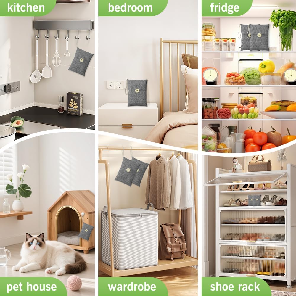 Charcoal bags Odor Absorber Activated Bamboo Charcoal Air Purifying Bag for Home Odor Eliminator Car Air Freshener for Closet Deodorizer Shoe Room Basement Litter Box Pet safe Bag 15Packs×100g