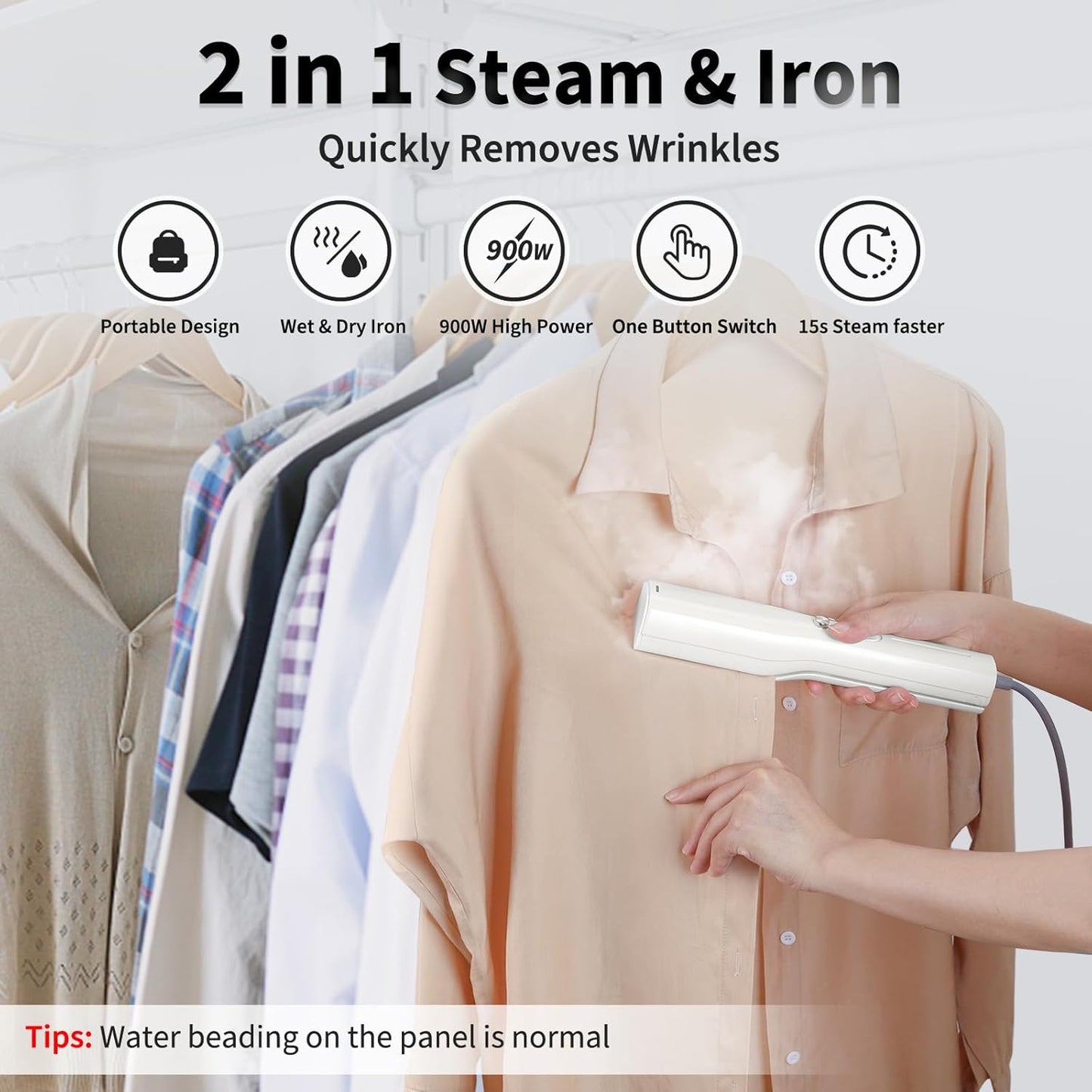 Iron Steamer for Clothes - Mini Iron, Portable Handheld Garment Steamer, 3 in 1 Steam Iron Wet & Dry Ironing, 15s Fast Heat Up, 900W Wrinkles Remover Clothes Steamer for Home, Office and Travel, 120V