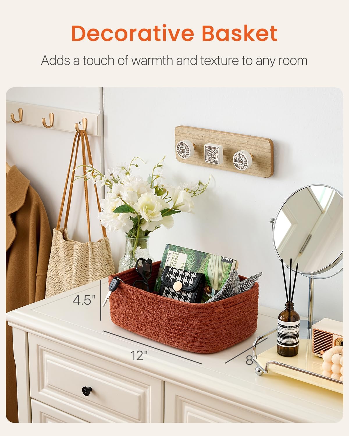 Small Woven Basket, 12 x 8 x 4.5 Inches, Storage Basket for Organizing, Cute Small Rope Shelf Closet Cube Storage Bins Baskets for Shelves, Dog Toy Gift Baskets Empty, 3 Pack Rust Red