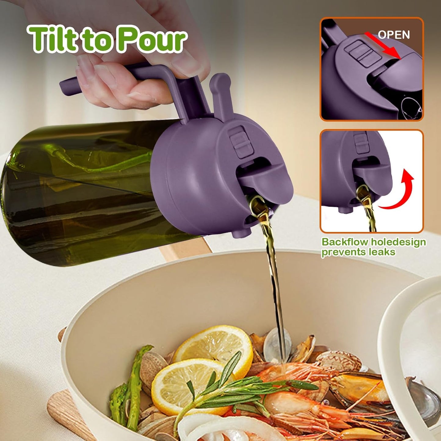 YARRAMATE 16oz/470ml Dark Green Oil Sprayer for Cooking with Stickers, Food-grade Premium 2 in 1 Olive Oil Dispenser Bottle for Kitchen Gadgets, Air Fryer, Salad, Frying, BBQ (Purple)