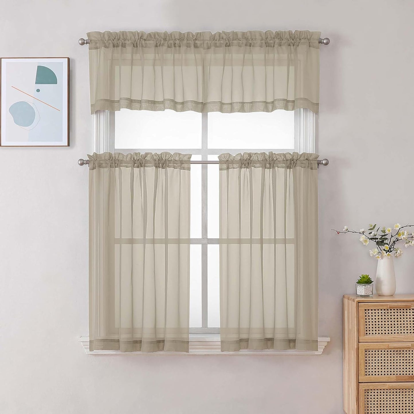 Chyhomenyc Taupe Sheer Curtains 36 inch Length 2 Panels, Light Filtering Voile Rod Pocket Short Window Curtians for Bathroom Living Room Farmhouse Small Windows, 42Wx36L inches
