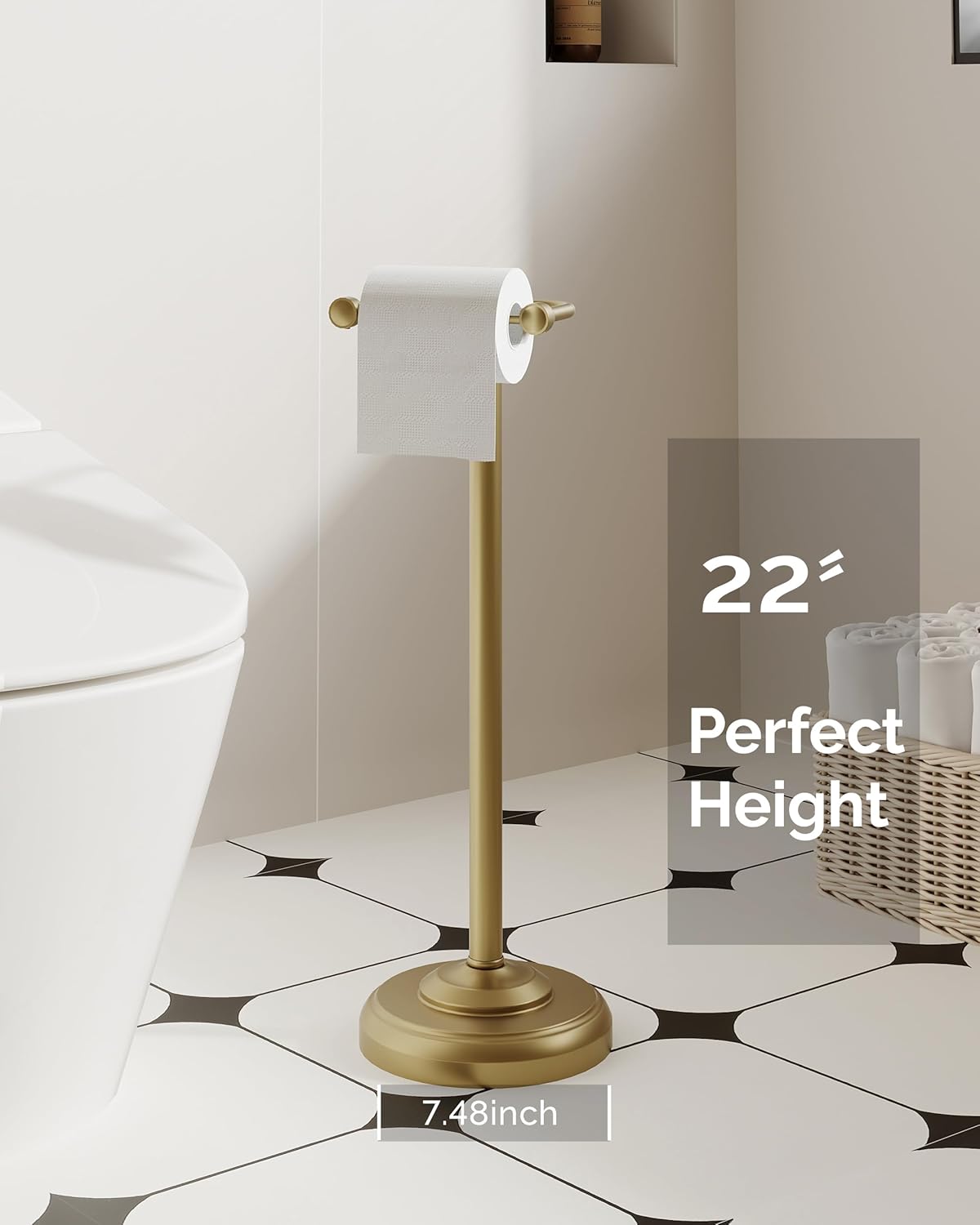 Toilet Paper Holder Stand, Brushed Brass Toilet Paper Holder Free Standing, Post Pivoting Design & Stable Weighted Base SUS304 Stainless Steel for Bathroom(Mega Roll)