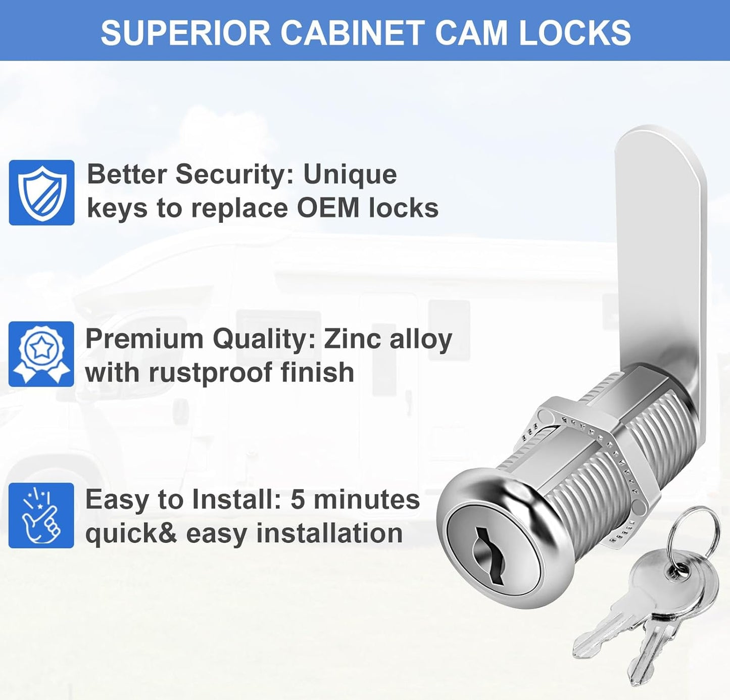 Cabinet Lock with Keys, 1-1/2" Long Cam Locks keyed Alike, Cam Lock Set for Cabinets Thick Drawers RV Storage Locks Tool Box with Keys, Zinc Alloy (2 Packs, 1-1/2 Inch)