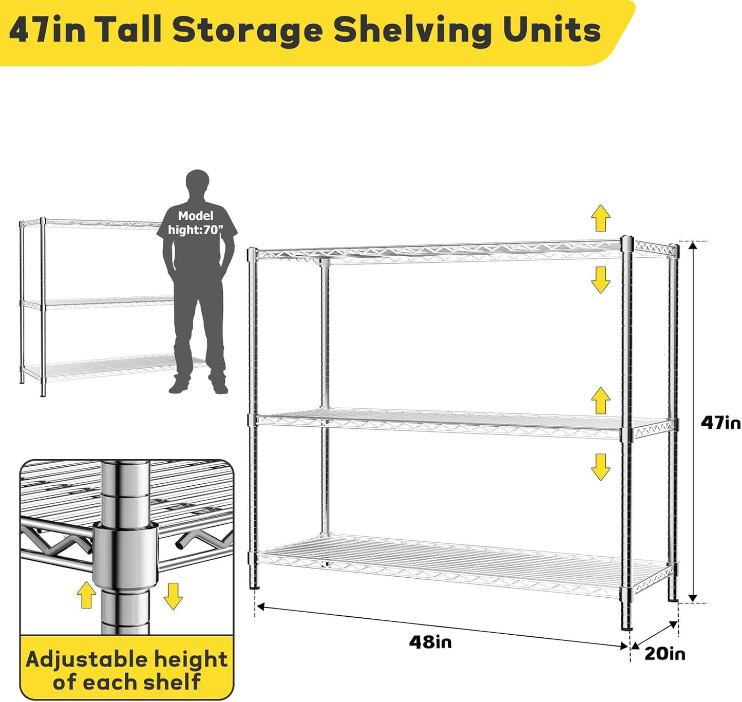 Storage Shelves, 3 PCS 48" L x 20" W x 47" H Heavy Duty Garage Wire Shelving Unit Loads 1200LBS, 3-Tier Adjustable Metal Industrial Utility Shelf Rack for Kitchen, Laundry Room, Basement
