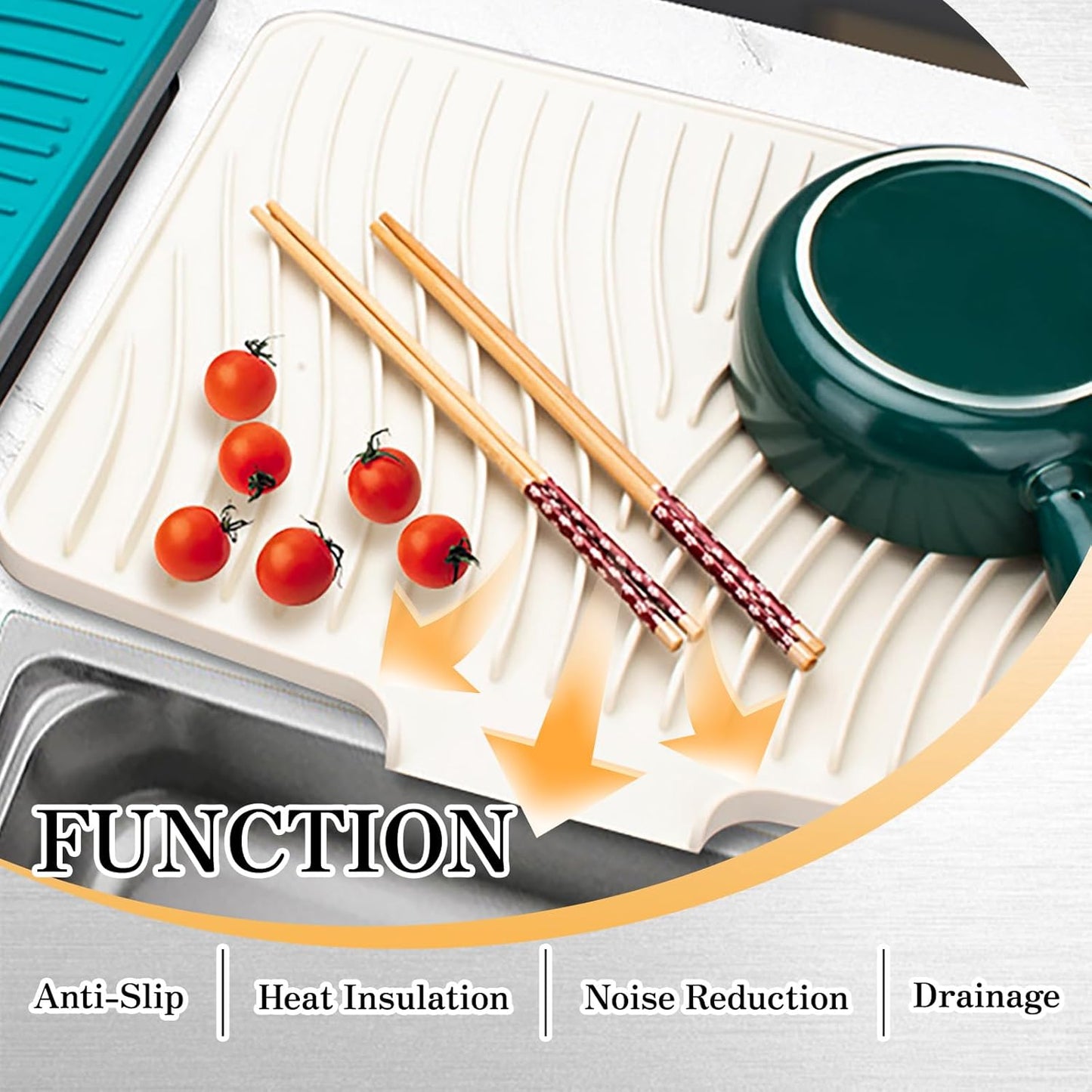 RoseFlower Dish Drying Mat, Large 15.7" x 13" Silicone Dish Mat Drying Kitchen Mat, Faucet Mat for Kitchen Sink, Dish Drying Mats for Kitchen Counter, Refrigerator or Drawer Liner - White