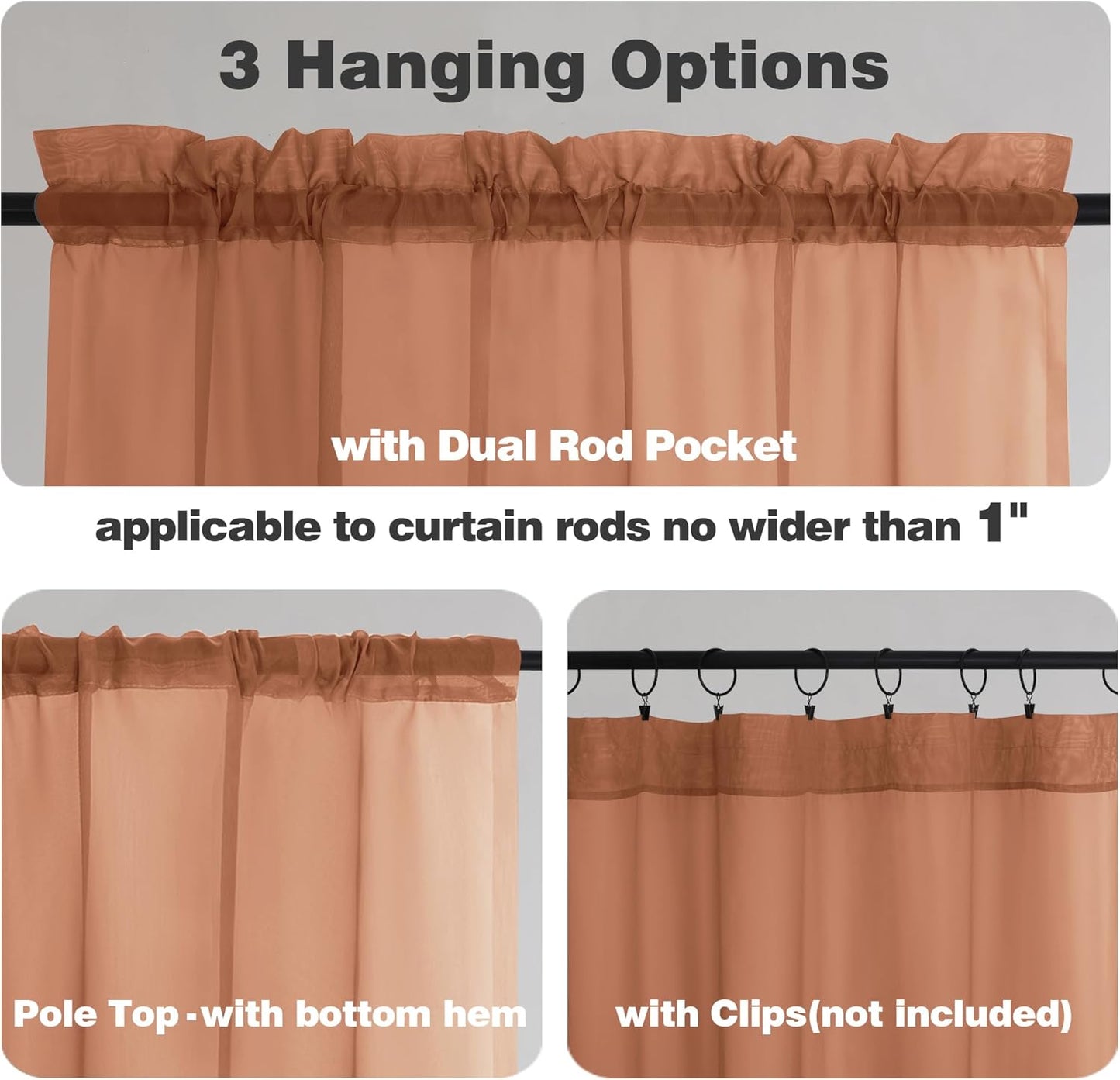 Chyhomenyc Orange Sheer Curtains 54 Inch Long 2 Panels, Short Voile Drapes for Dinning Small Windows Bathroom Living Room Bedroom, Rod Pocket, 42Wx54L Inches