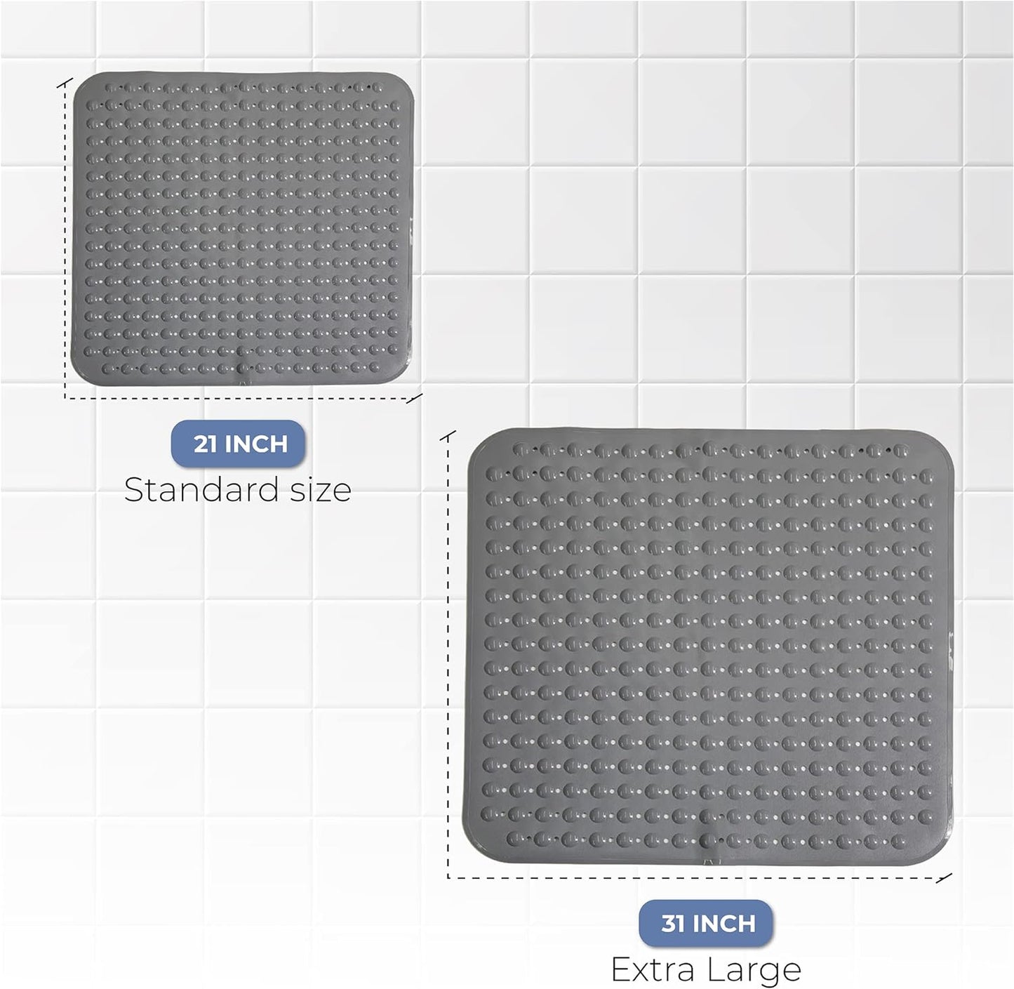 ENKOSI Extra Large Square Non Slip Shower Mat - 31 x 31-inch XL Bathroom Shower Mat - Square Shower Matts for Shower Stall Floors - Secure Suction Cups and Drain Holes (31x31 Grey)