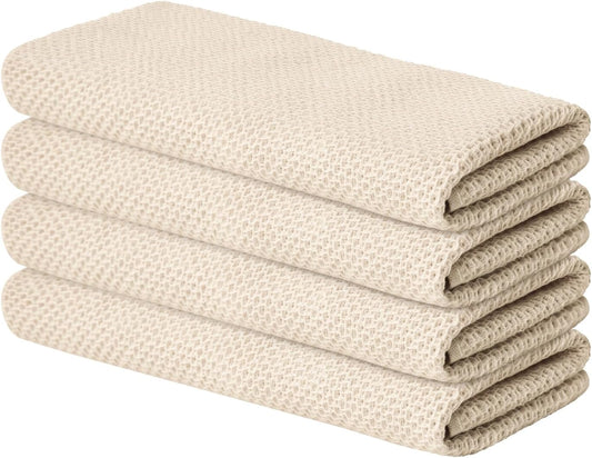 Artoid Mode 100% Cotton Beige Waffle Weave Kitchen Dish Cloths, 13x28 Inch Ultra Soft Absorbent Quick Drying Kitchen Dish Towels Set of 4
