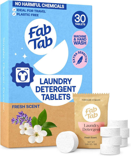 Fab Tab Laundry Detergent Tablets, Plant-Based Formula, Removes Tough Stains, Plastic-Free Alternative to Pods, All Washing Machines (30 Count, Floral)