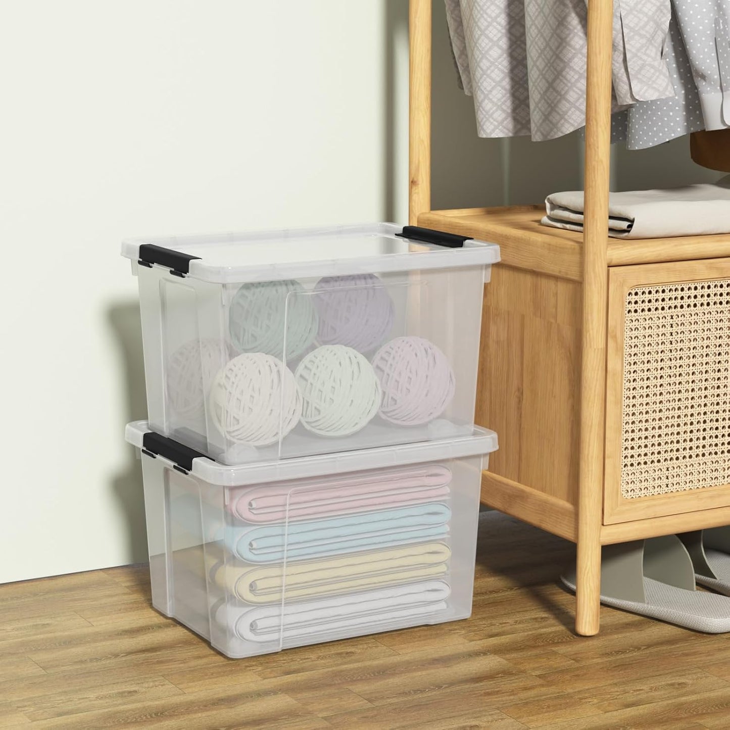 Set of 4 Plastic Latch Storage Bins with Wheels, 23 L Clear Latch Boxes with Stackable Lids