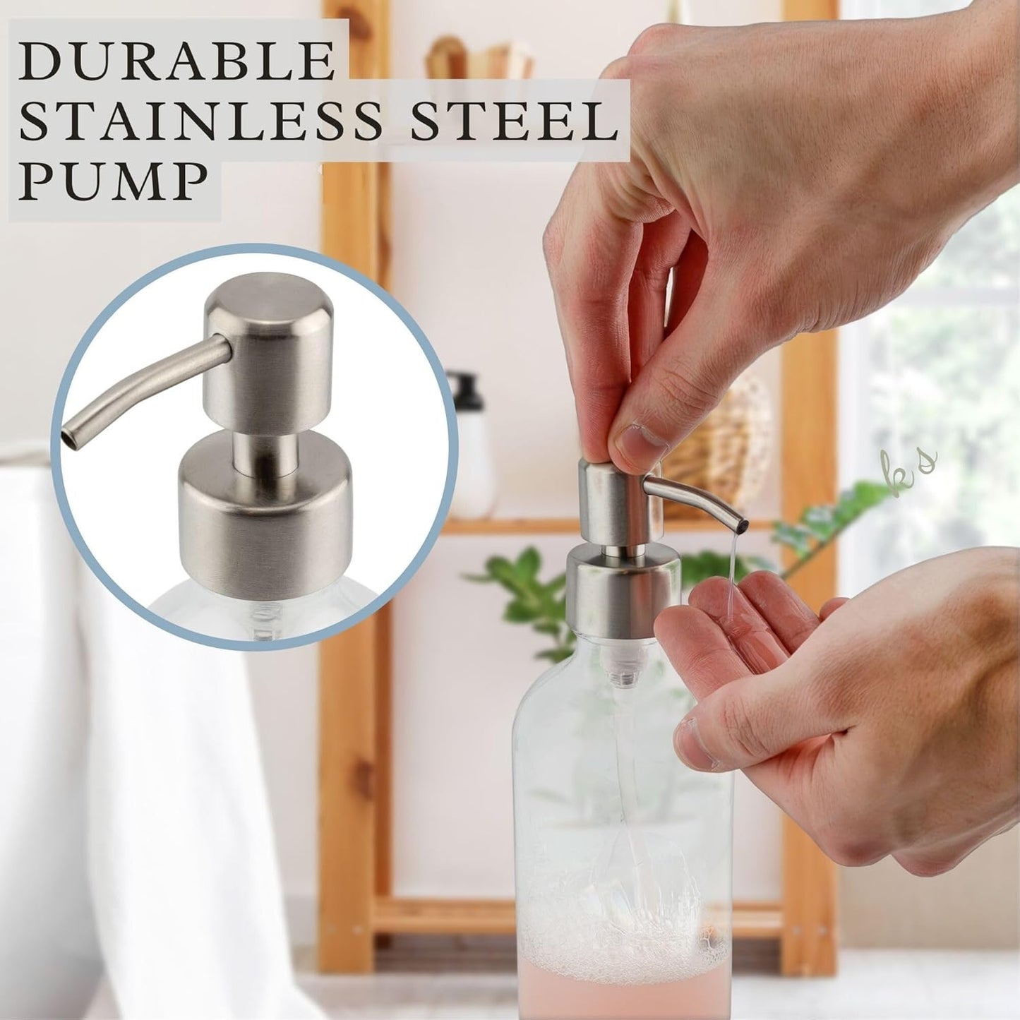 Cornucopia Brands 8-Ounce Clear Glass Boston Round Bottles w/Stainless Steel Lotion Pumps (4-Pack); Empty Refillable Liquid Soap & Lotion Bottles