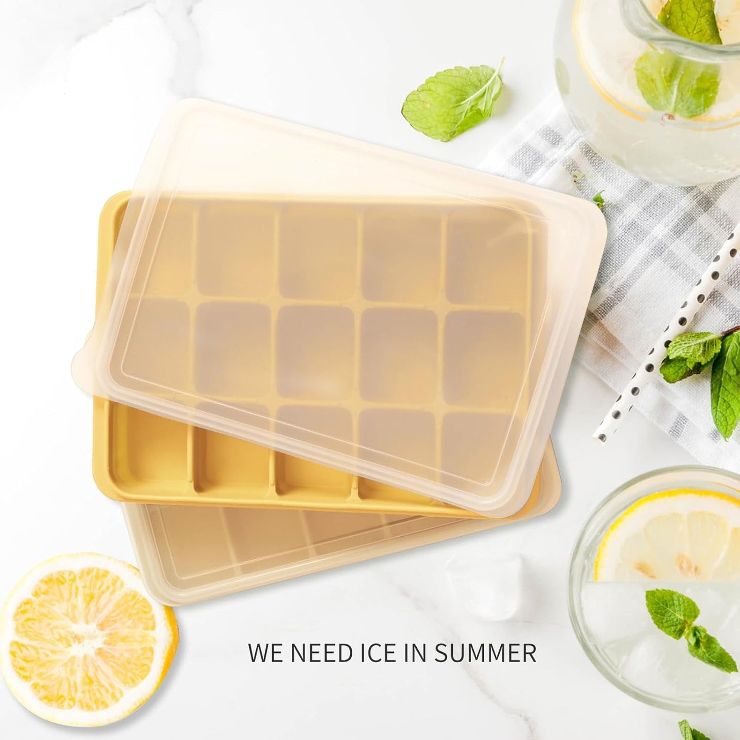 Tvmania Ice Cube Trays Set of 2, Easy Release 15 Flexible Silicone Ice Cube Molds with Removable Lid Reusable Freezer Ice Trays Stackable for Whiskey, Baby Food, BPA Free (yellow)