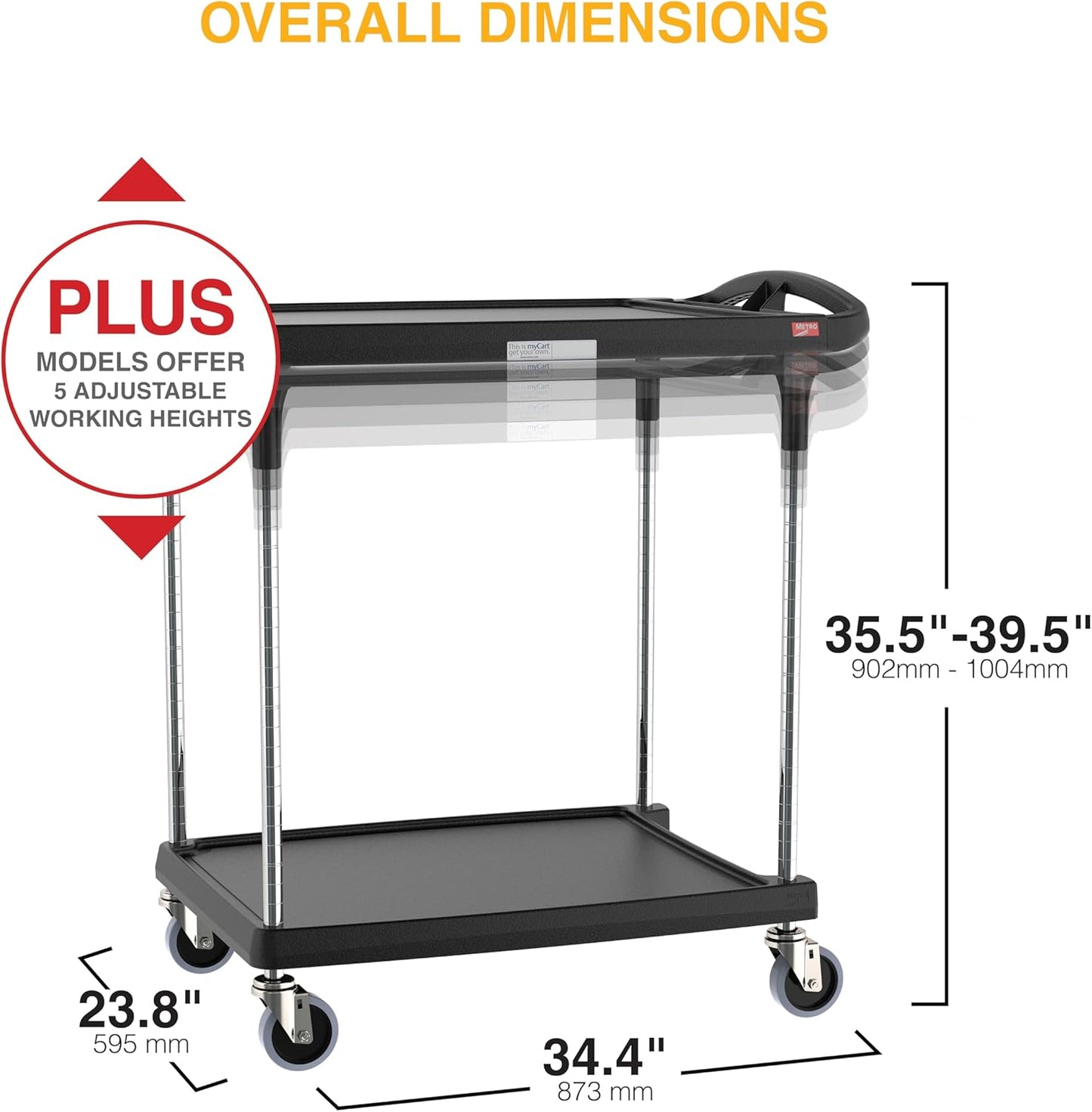 Metro myCart Plus Utility Cart - Choose-Your-Height Adjustable Heavy Duty Rolling Cart for Home, Commercial and Industrial Use - 2-Shelf, 300 lbs Capacity - 23.9" W x 34.4" L x 35.5-39.5" H - Black
