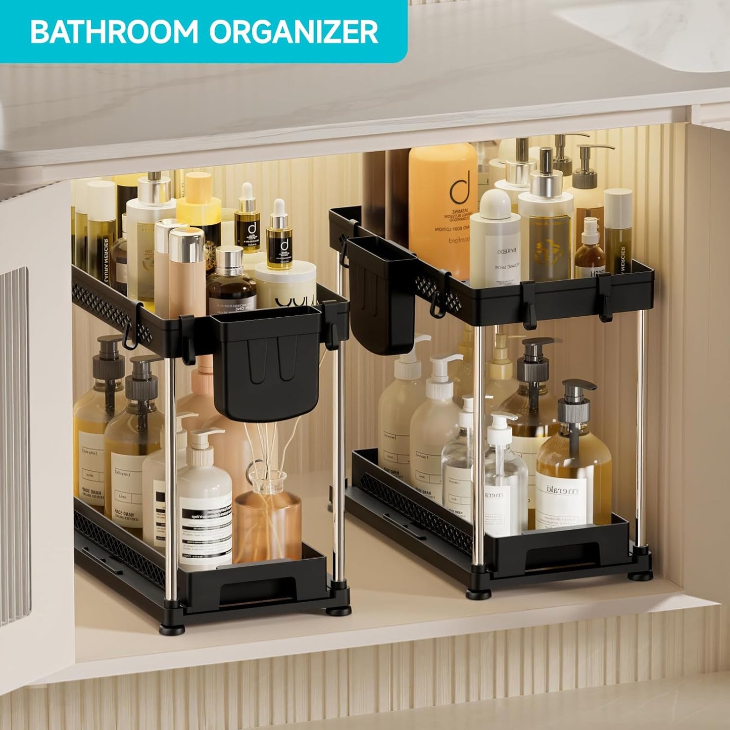 Under Sink Organizer, 2 Tier Pull Out Cabinet Organizer with Hooks Hanging Cup, Easy Installation & Rust-resistant, Multi-Purpose Storage Shelf for Kitchen Bathroom Pantry (Black, 2 Pack)