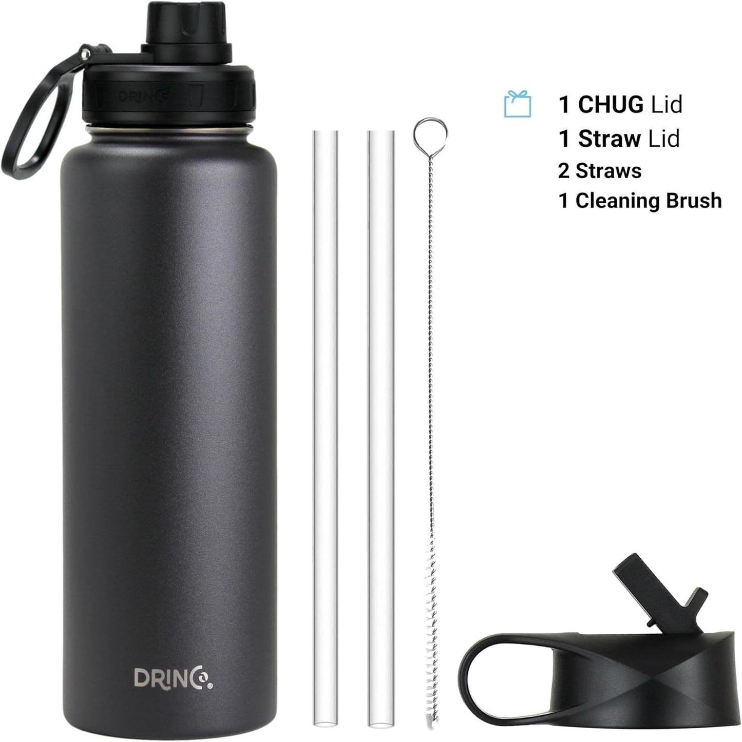 DRINCO Stainless Steel Water Bottle Spout Lid Vacuum Insulated Double Wall Water Bottles Wide Mouth (40oz 32oz 22oz 18oz 14oz) Leak Proof Keeps Cold or Hot (40 oz, 40oz Black)