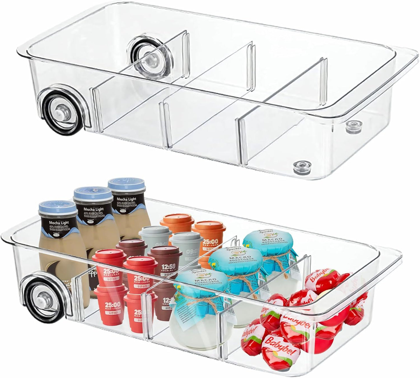 MineSign 2Pack Roll Out Fridge Caddy Bins Pull Out Drawer with Wheels Refrigerator Organizer Bins with Handles Divided Fruit Caddy for Fridge Pantry Cabinet Storage Cans Drinks