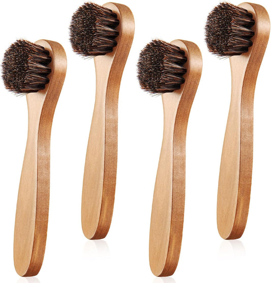 4 Pcs Horsehair Shine Shoes Brush Kit Polish Dauber Applicators Cleaning Leather Shoes Boots Care Brushes Suede Cleaner Brush with Microfiber Shoe Cloth(Wooden Handle A)