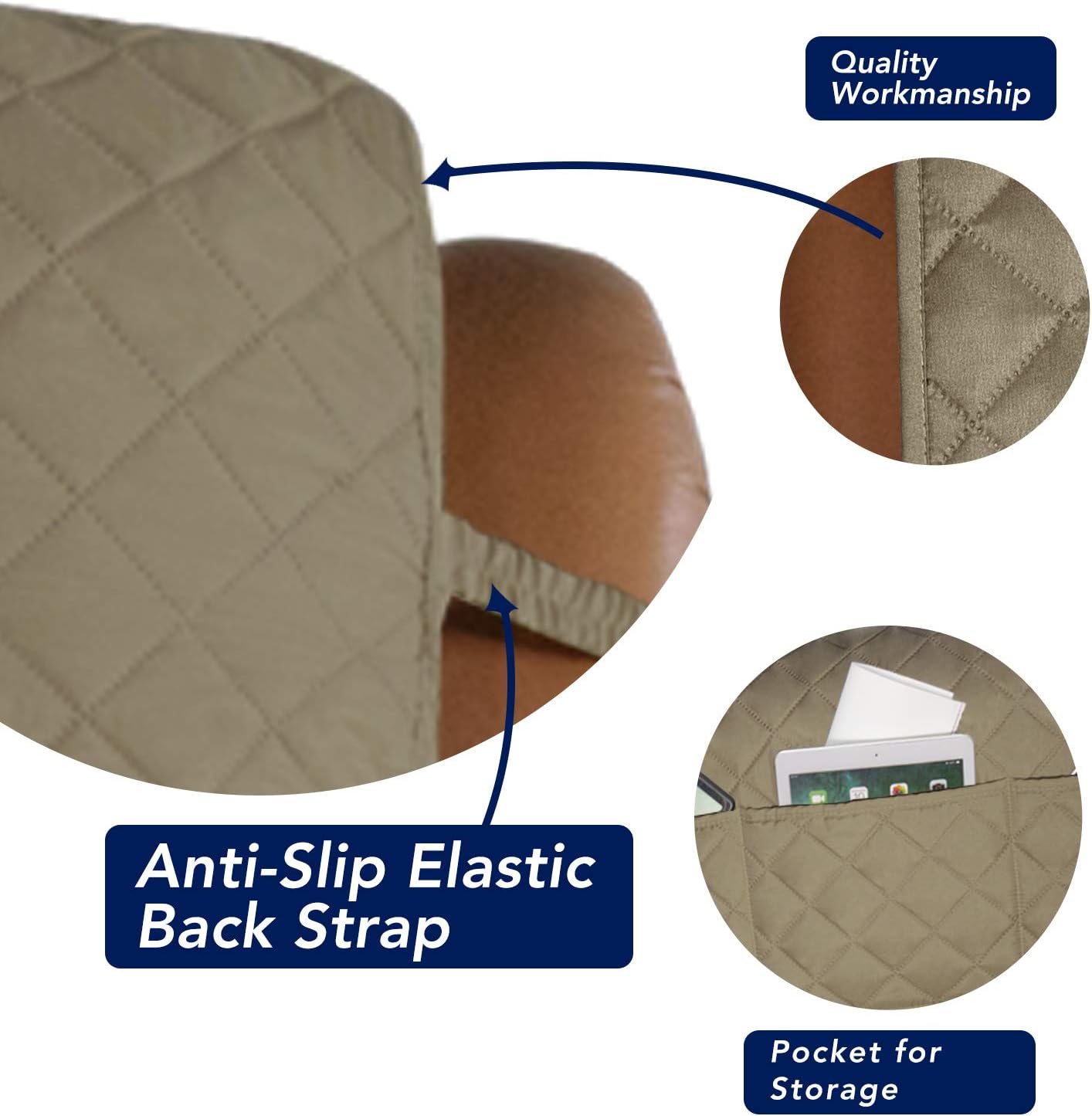 PureFit Reversible Quilted Sofa Cover, Water Resistant Slipcover Furniture Protector, Washable Couch Cover with Non Slip and Elastic Straps for Kids, Dogs, Pets (Oversized Recliner, Beige/Beige)