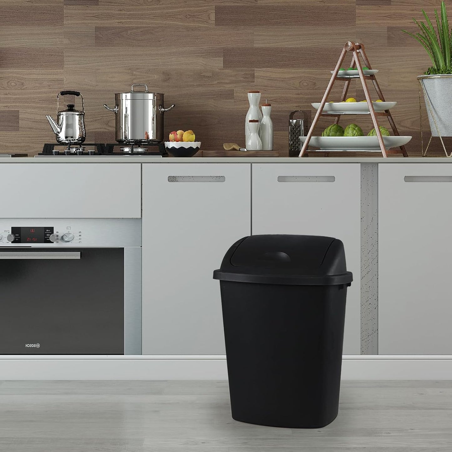 10 Gallon Plastic Swing Top Trash Cans, 4-Pack Garbage Cans with Swing Top Lid, Black