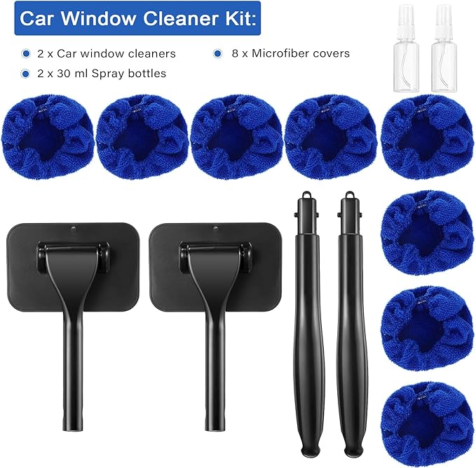 Frienda 2 Set Windshield Cleaner Tool Inside Car Windshield Cleaning Wand Auto Window Cleaner with Detachable Handle, 8 Reusable Microfiber Pads and 2 Spray Bottles for Car Interior(Blue)